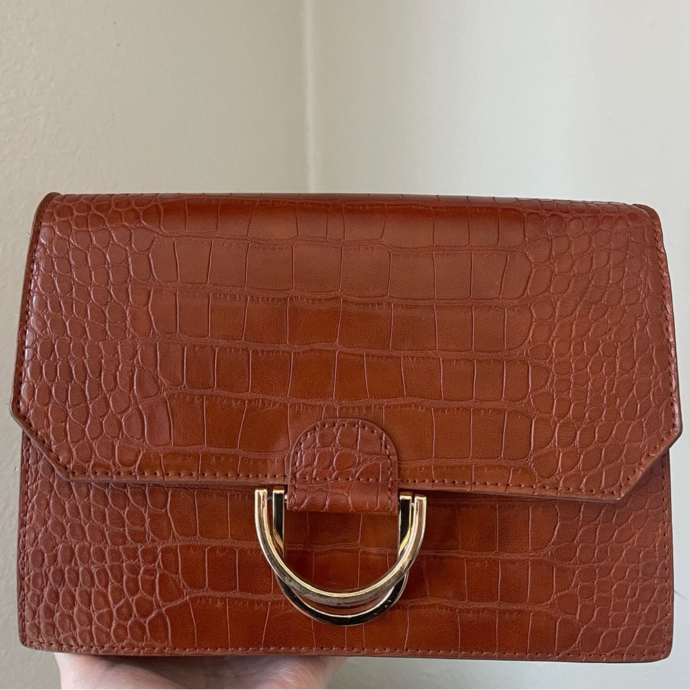 Madison West Brown Croc-Pattern Clutch with Gold Ring
